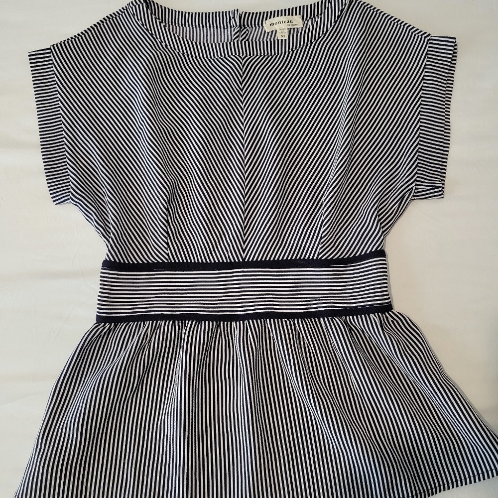 Monteau Womens Medium  Navy Blue & White Striped Peplum Blouse